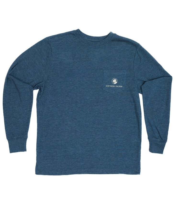 A Christmas Drinks LS Tee: Navy with a white printed logo on it.