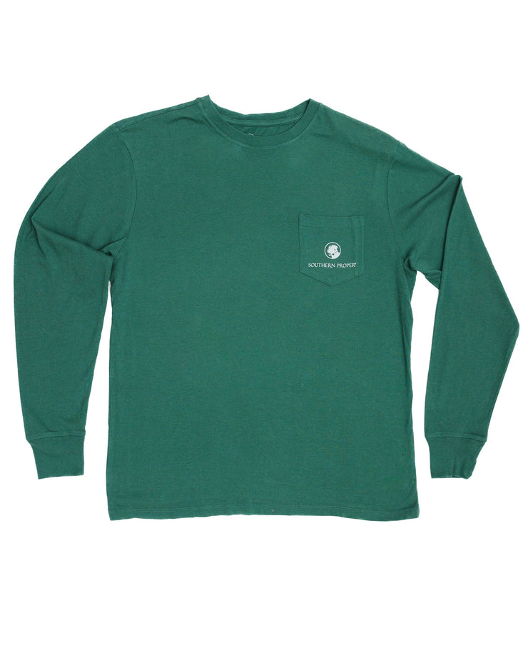 A green Get In The Spirit LS Tee: Pine with a pocket from the Holiday Tee Collection.