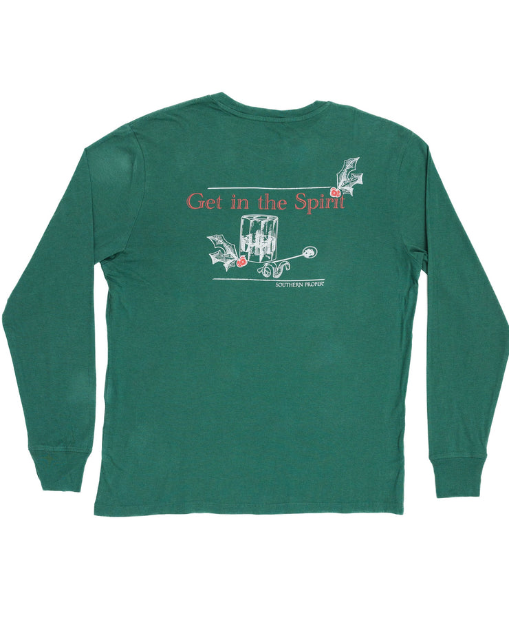 A green Get In The Spirit LS Tee: Pine with a Printed Logo.