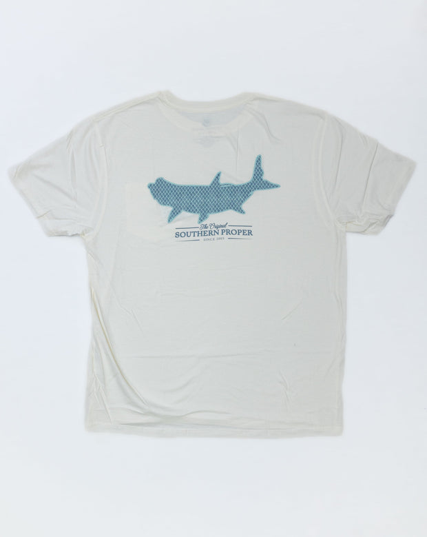 A white crew neck Tarpon Scales SS Tee with a blue shark printed on the front pocket.