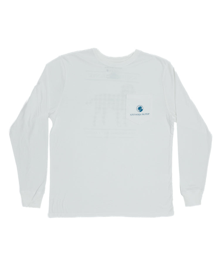 A white long-sleeve Plaid Lab LS Tee with an image of a horse made from Peruvian cotton blend.