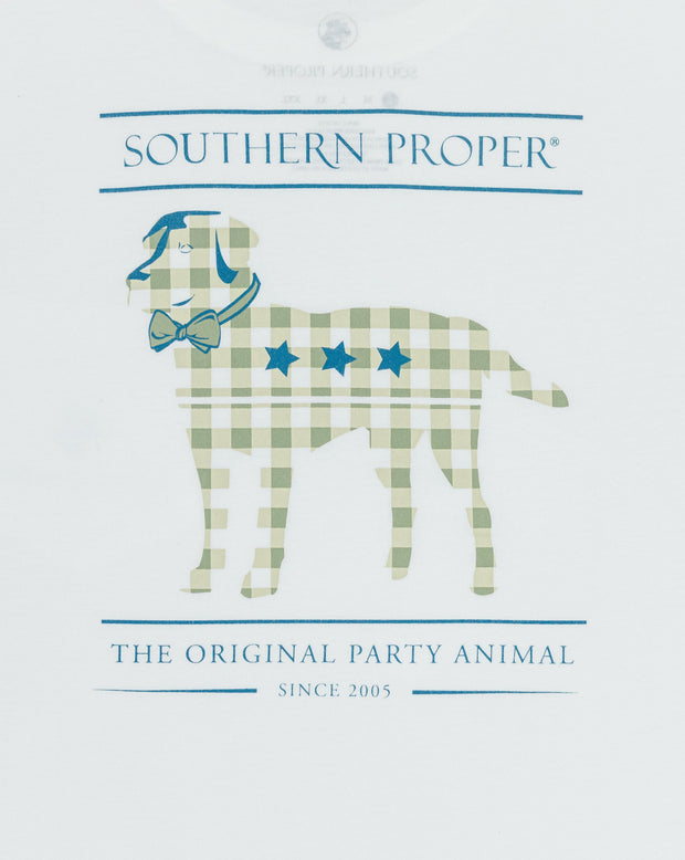 A Plaid Lab LS Tee made from a Peruvian cotton blend, featuring the phrase "the original party animal".