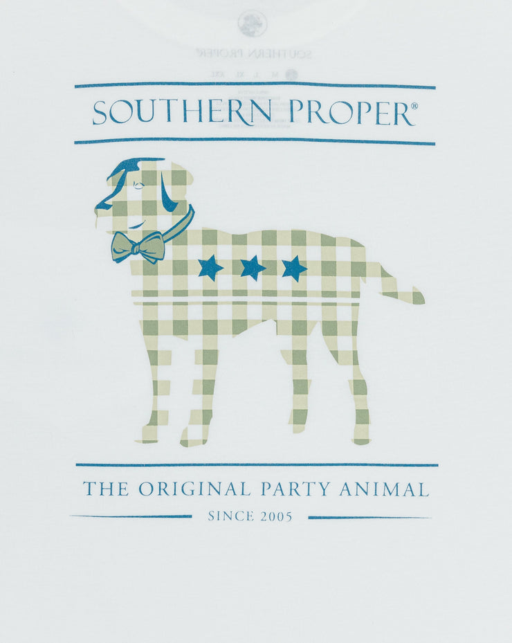 A Plaid Lab LS Tee made from a Peruvian cotton blend, featuring the phrase "the original party animal".