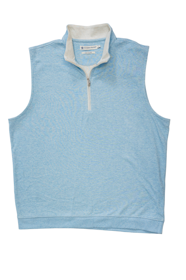 A light blue sleeveless Canal Vest with a white zipper, crafted from heathered delta washed fabric.
