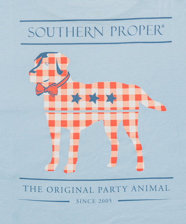 The Plaid Lab SS Tee features a printed front pocket and is made from a Peruvian cotton blend, making it the perfect choice for the original party animal.