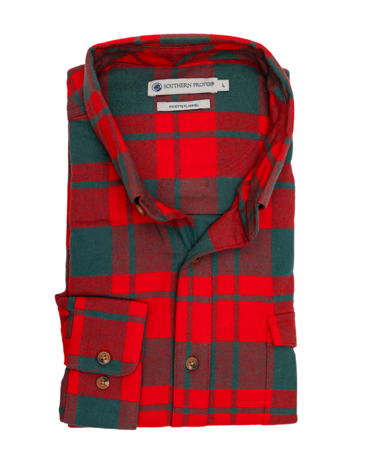A lightweight Southern Flannel: Fayette with a red and green plaid pattern on a white background.