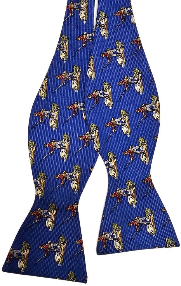 Gone Fishin Bow: Blue self-tie bow tie features a repeating pattern of fish on a blue background with thin vertical stripes.