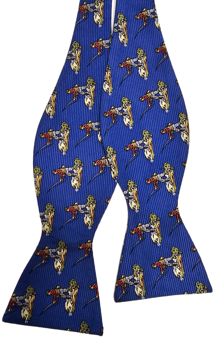 Gone Fishin Bow: Blue self-tie bow tie features a repeating pattern of fish on a blue background with thin vertical stripes.