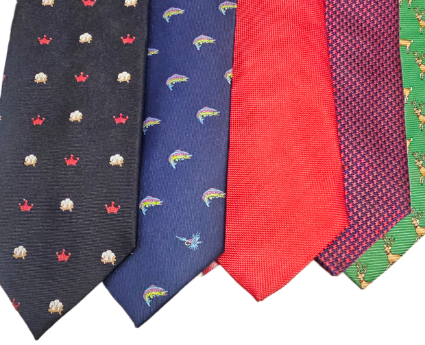 The Mixed Neck Ties: 5 Pack features Southern Proper neckties in five unique patterns: crowns, fish, solid red, red with blue dots, and green with a dog motif.