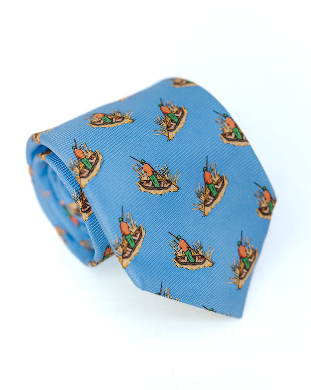 A Duck Boat Tie: Blue with a pizza design on it.