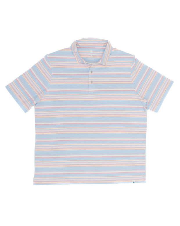 A blue and pink striped Guadalupe Stripe Polo, perfect for the Southwestern vibe.