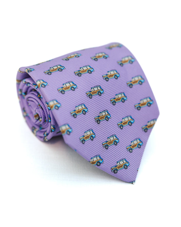A purple Wagoneer Necktie with cars on it.