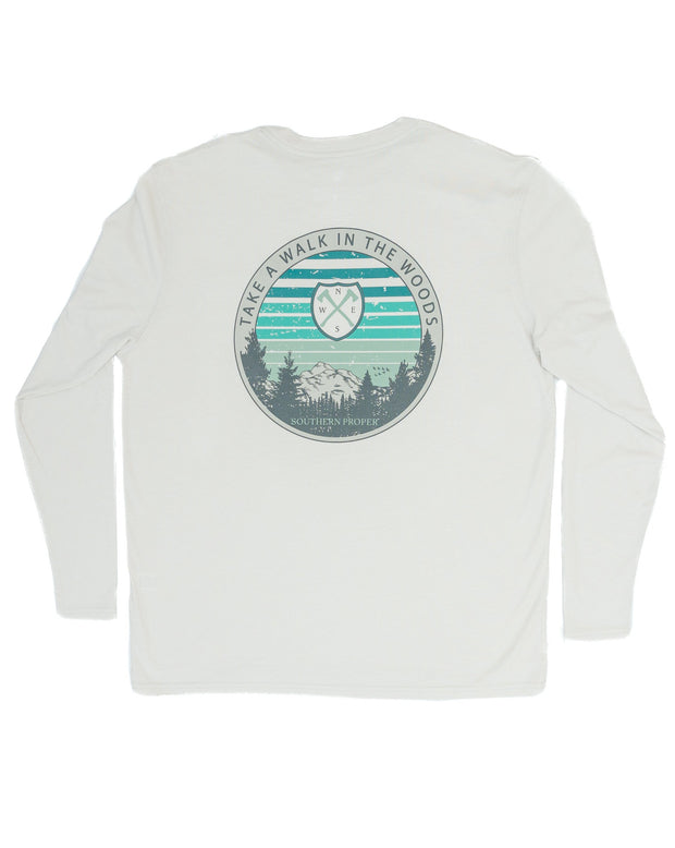 A Walk in the Woods LS Tee - Proper Grey with a mountain image and heart design, made from Peruvian cotton.