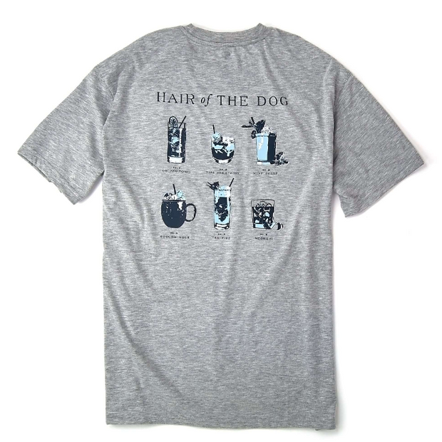 The Hair of the Dog: Proper Grey shirt is crafted from premium Peruvian cotton and displays illustrations of six cocktails, each labeled under its image, beneath the title "Hair of the Dog." Super soft and stylish.