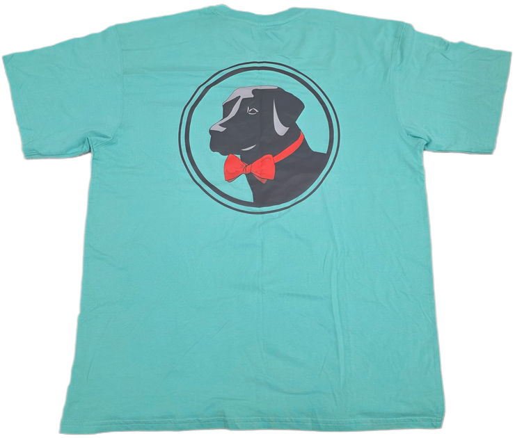 The Original Logo SS Tee - Old Florida in turquoise features a black dog with a red bowtie inside a circular frame on the back, capturing that classic Old Florida vibe.