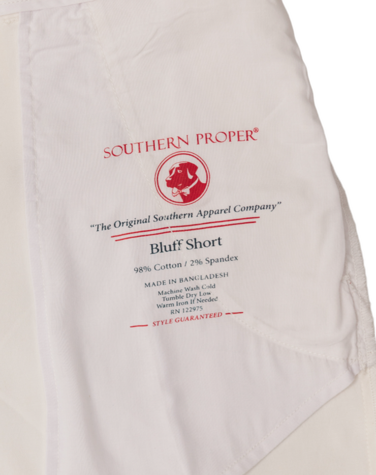 A Bluff Short: White cotton shirt with the words southern prairie on it.