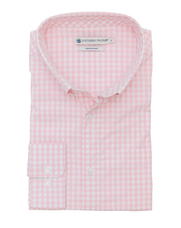 A Henning Shirt: St. Charles woven gingham dress shirt on a white background.