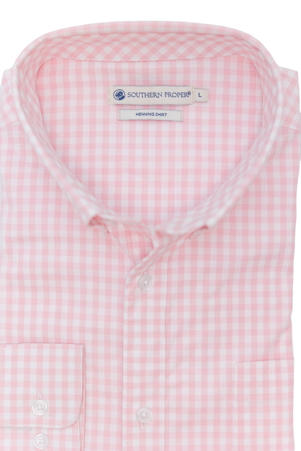 A pink and white gingham Henning Shirt: St. Charles on a white background.