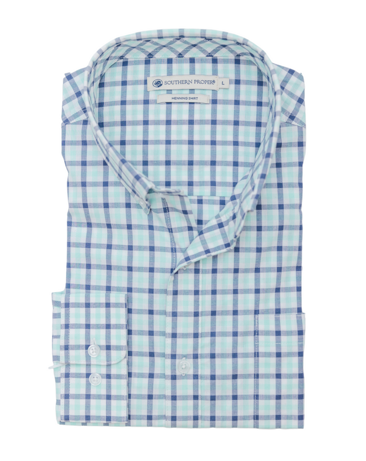 A blue and white checkered Henning Shirt: Freret on a white background.