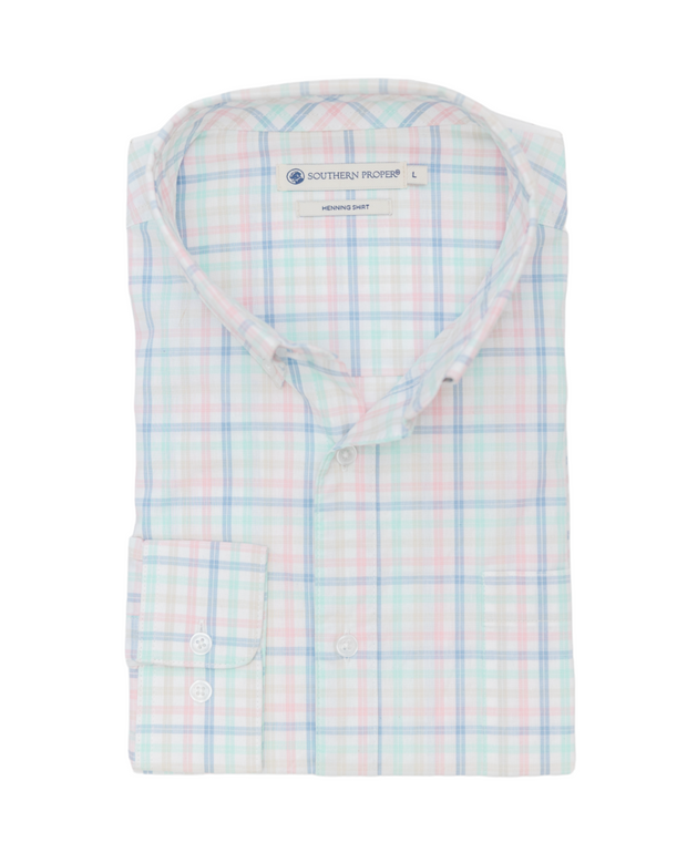 A blue and pink Henning Shirt: Perrier on a white background.