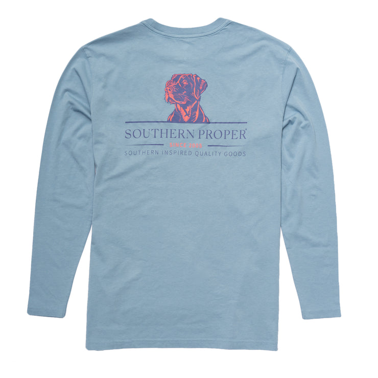 A Proper Crest Long Sleeve Tee with a Printed Logo featuring a dog.