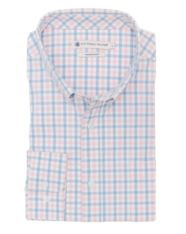 A pink and blue checkered Henning Shirt: Freret.