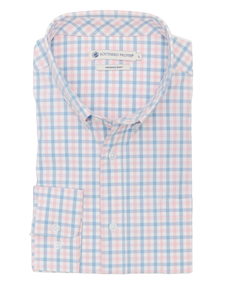 A pink and blue checkered Henning Shirt: Freret.