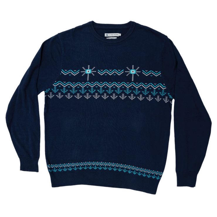 A Bienville Sweater with a blue and white pattern, perfect for dressing up.