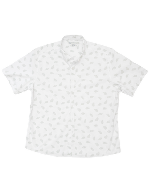 A white tailored fit Cocktail Shirt: Oyster Shuck with a grey and white print.