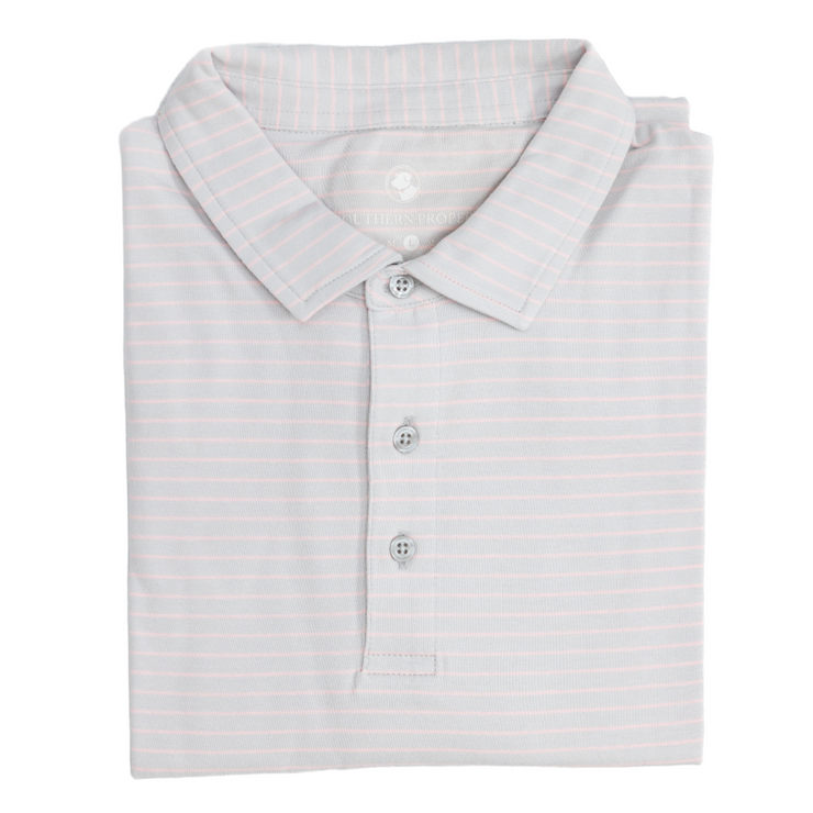 The men's Perdido Stripe polo shirt in grey and pink, perfect for a golf game.