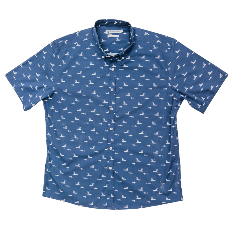 A Southern Proper Cocktail Shirt: Chasing Blue with white birds on a blue background.