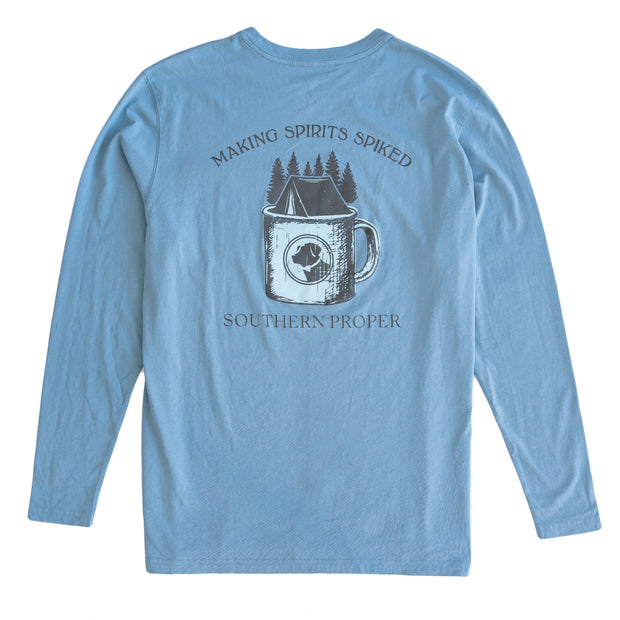 A blue long sleeve Crew Neck Tee with an image of a cup of coffee, called the Making Spirits Spiked Long Sleeve Tee.