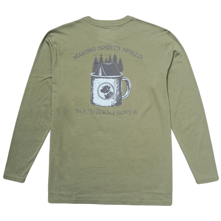 A Making Spirits Spiked long-sleeve crew neck tee made with Peruvian cotton and featuring a printed front pocket with an image of a mug and trees.