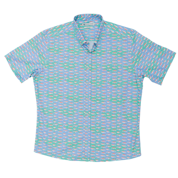 The Cocktail Shirt: Mangrove has a conversation piece blue and green pattern.