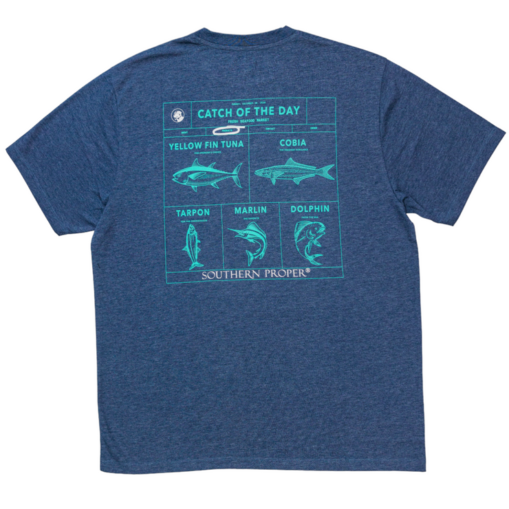 A Southern Proper Catch of the Day SS Tee with a printed logo, featuring a blue t-shirt that says "can of the day".