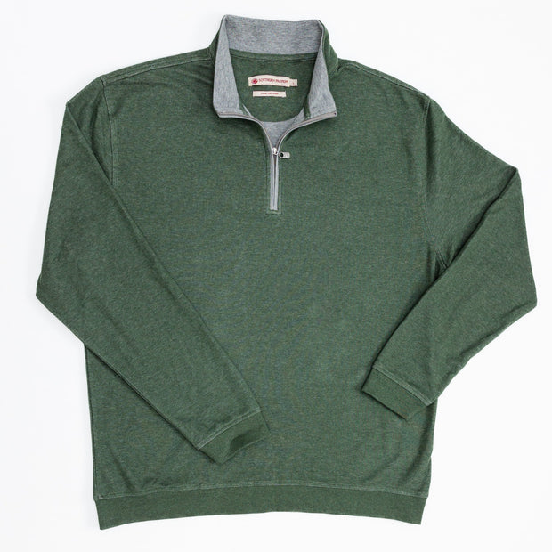 A men's green Canal Quarter Zip sweater with a grey zipper.