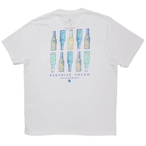 A Paradise Found SS Tee with a printed logo of blue and green bottles on it.
