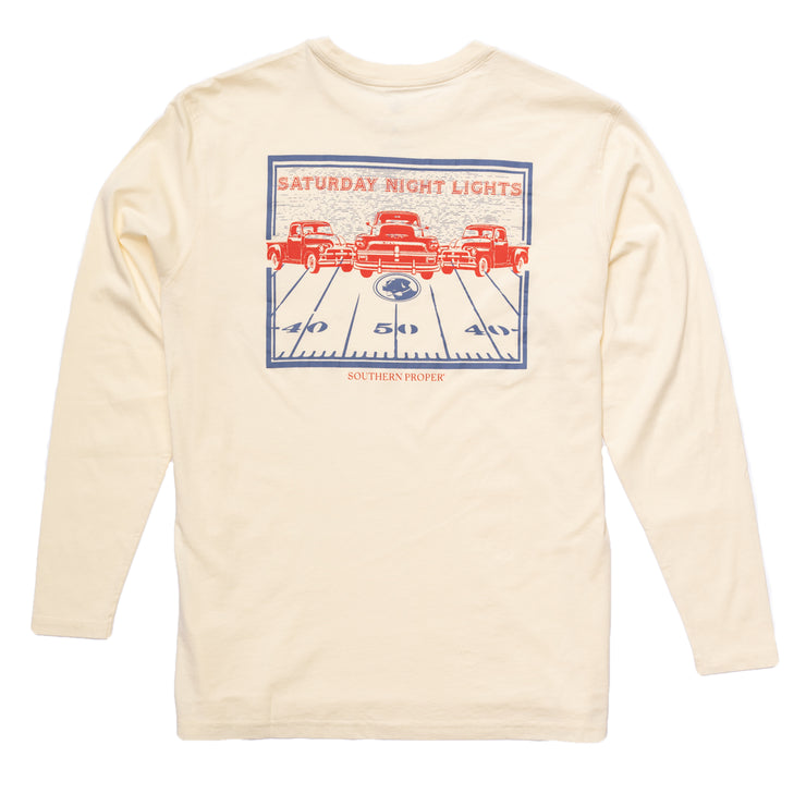 A Saturday Night Lights Long Sleeve Tee with a printed image of a car and a truck on the front pocket.