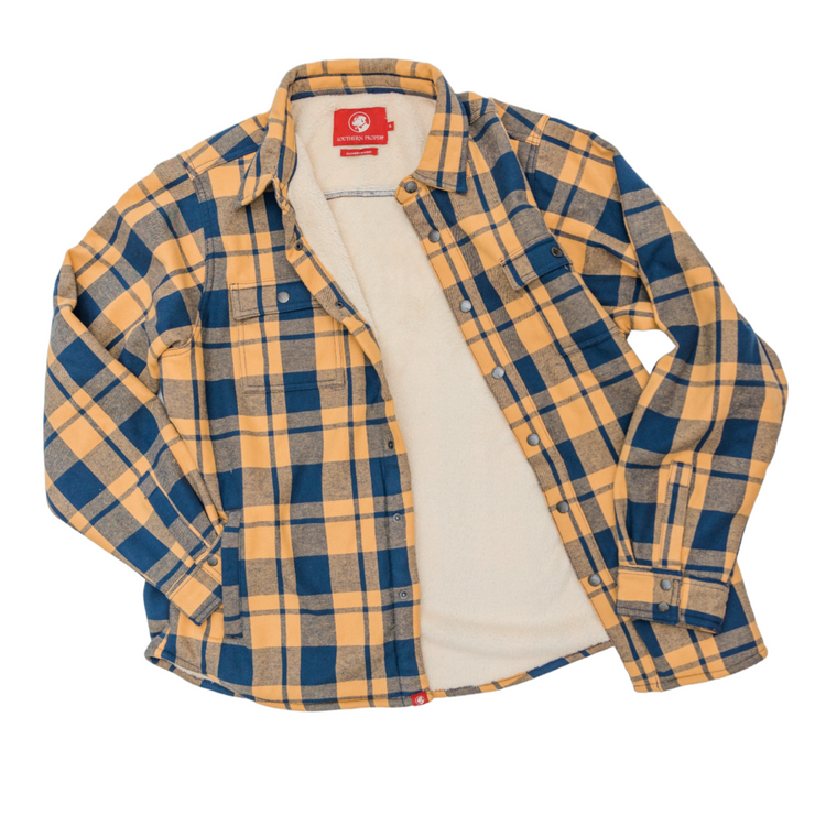 A yellow and blue plaid Southern Shacket on a white background, perfect for Southern Shacket enthusiasts.