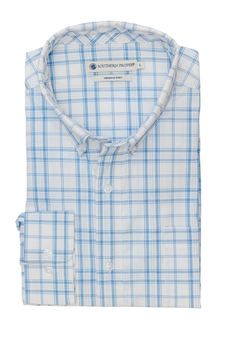 A tailored fit blue and white plaid shirt featuring the Royal Woven Shirt pattern, perfect for Mardi Gras celebrations.