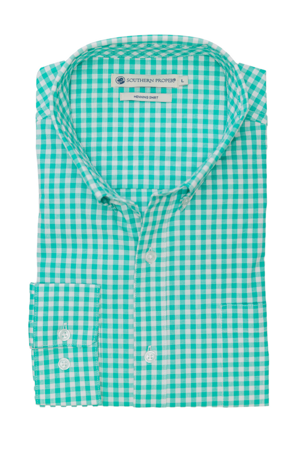 A green and white gingham shirt on a white background, perfect for a St. Charles Woven Shirt - Caribbean Green.
