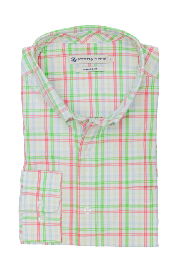 A Kelly Green men's dress shirt with a Perrier Woven Shirt - Kelly Green checkered pattern.