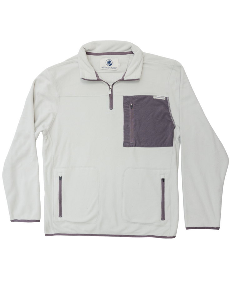 The men's All Prep Fleece Pullover in white and purple, made from Micro Fleece material, perfect for a golf swing.