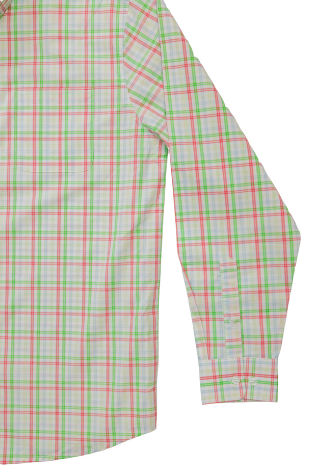 A pink and green plaid Perrier Woven Shirt - Kelly Green on a white background.