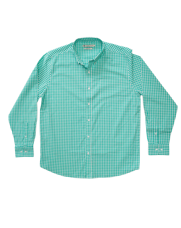 A green and white St. Charles Woven Shirt - Caribbean Green on a white background.