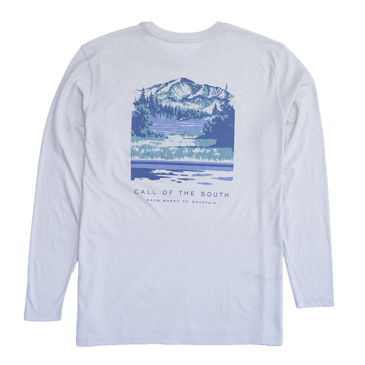 A white Call of the South long sleeve t-shirt with printed mountains on the front.