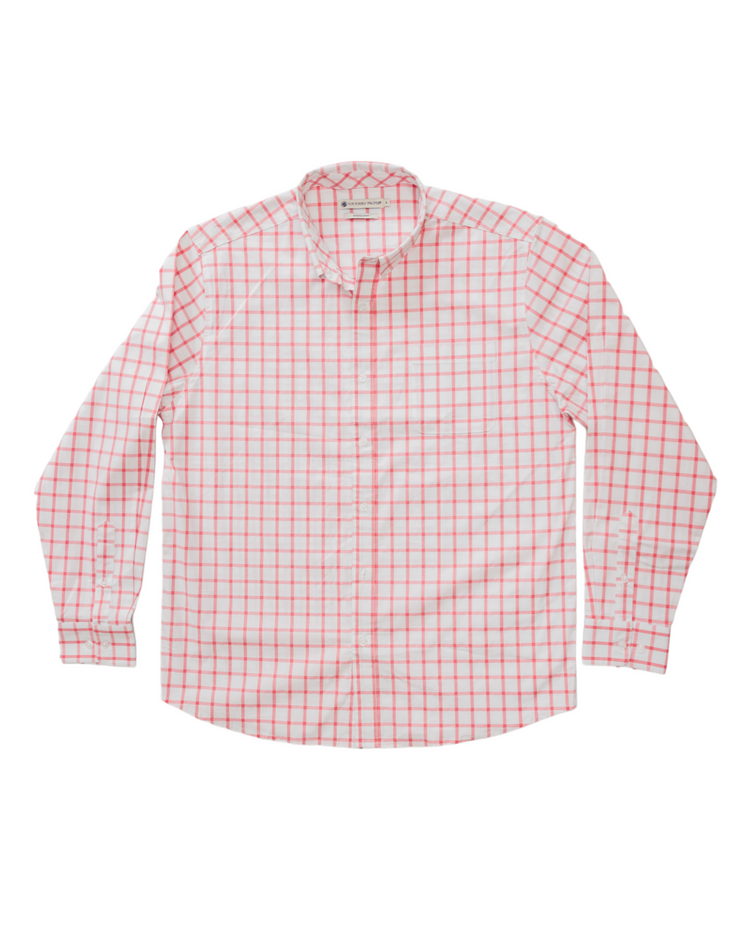 A pink and white checkered Bienville woven shirt on a white background in downtown Mobile, AL.