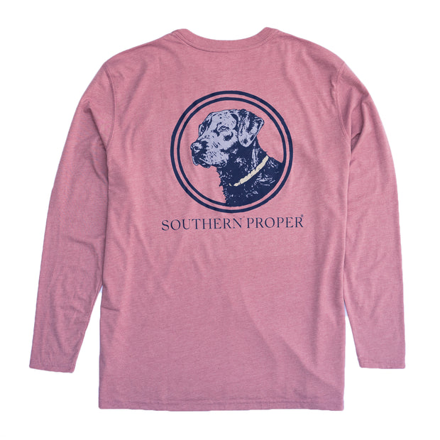 A pre-washed pink Loyal Lab long sleeve crew neck tee with a printed dog on the front.