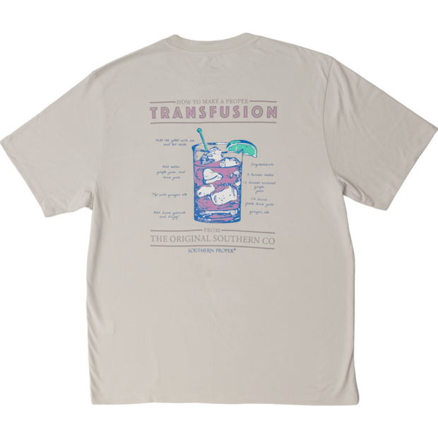 A Proper Transfusion SS Tee with the printed logo "transfusion" on Peruvian fabric.