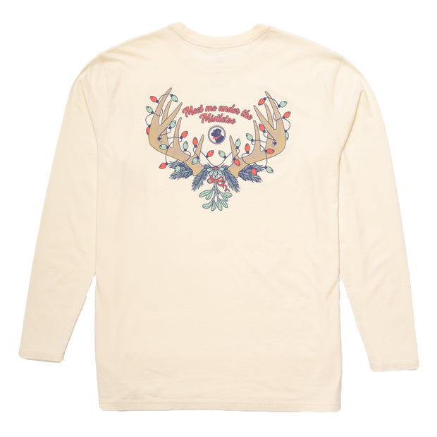 A Meet Me Under the Mistletoe long sleeve t-shirt with printed antlers.